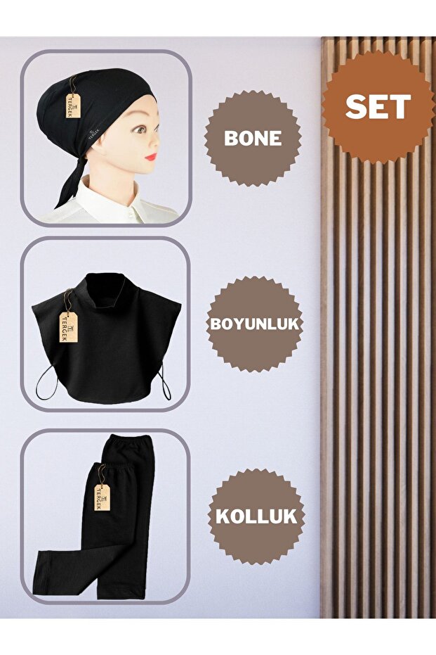 Black 3-Piece Set, Bonnet, Neck Collar, Sleeve - Throat Hijab Neck Collar & Elbow Top Double Sleeves & Bonnet