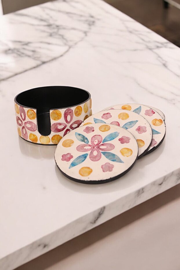 Set of 6 Pearlescent Flower Patterned Coasters with Natural Rattan Box