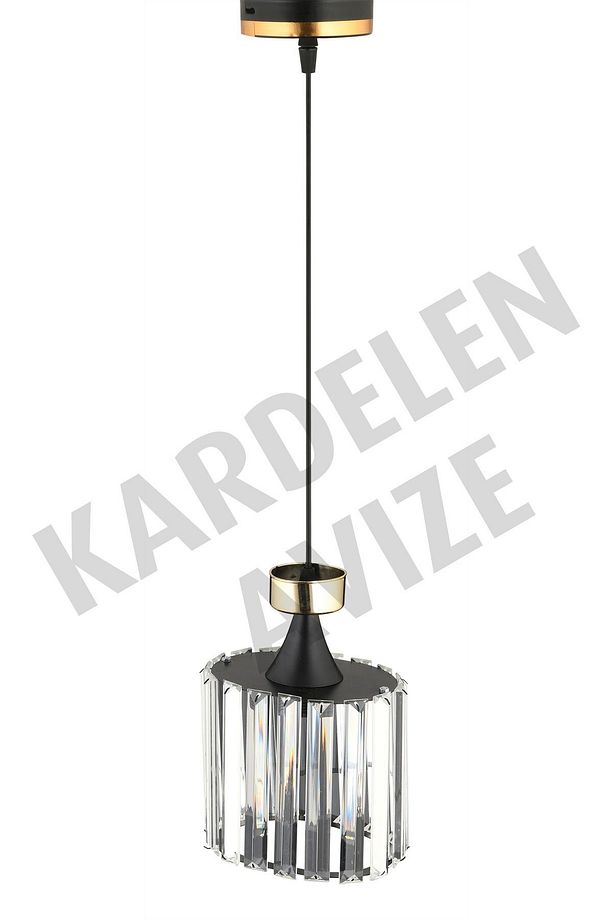 Siyah Tekli Sarkıt Sarı Şeritli Kristal  Taşlı Aşağı Bakan Lüks Avize - 5