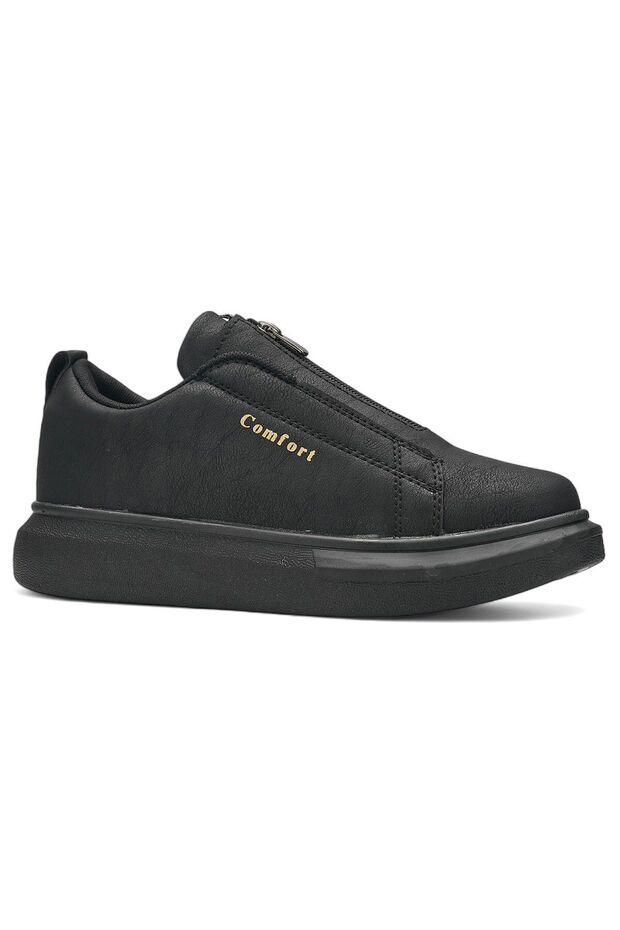 Casual Men's Black Sneaker Zippered Thick Heeled Patterned Sole Oval Toe Sports Shoes 111