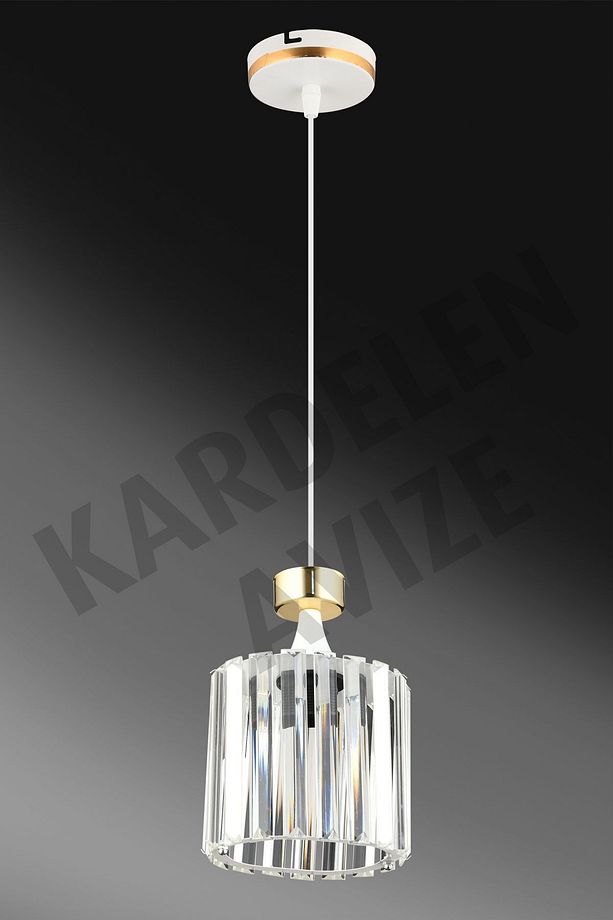 Beyaz Tekli Sarkıt Sarı Şeritli Kristal  Taşlı Aşağı Bakan Lüks Avize - 3
