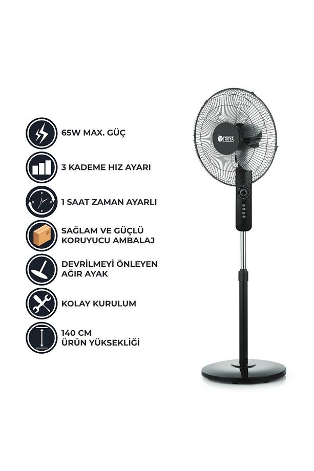 Tr-523 Devrilmez Ayaklı 16 Inç Zaman Ayarlı 5 Kanatlı Siyah Vantilatör - 4