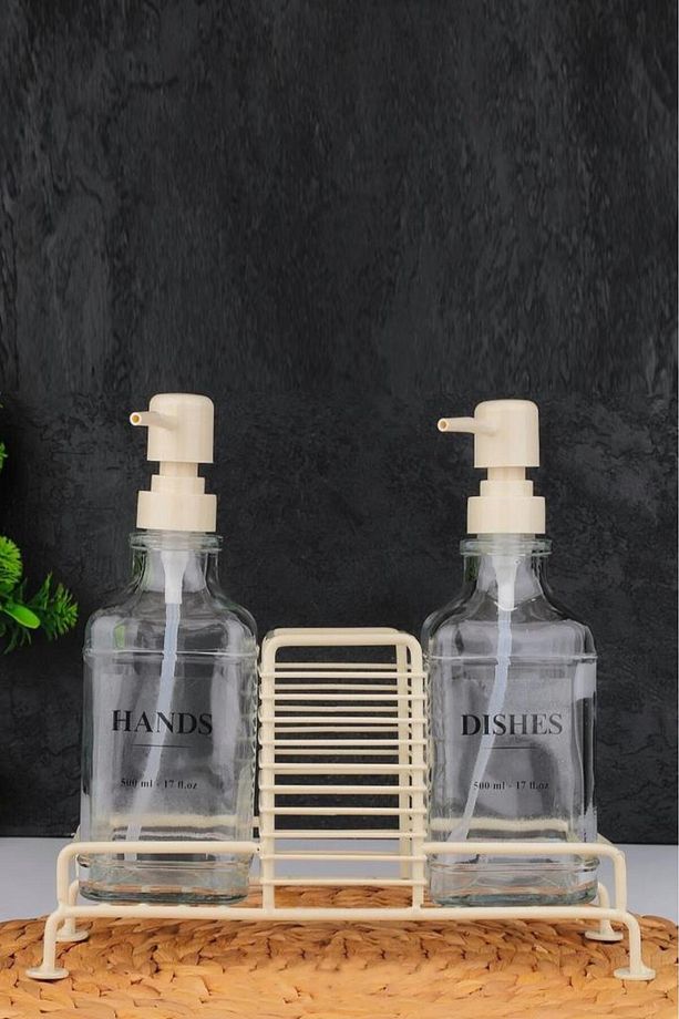 2’li Metal Standlı Cam Sıvı Sabun Ve Losyon Şişesi Sabunluk 500 ml Krem – B/1 C1-1-289 - 2