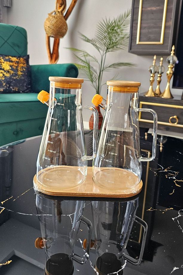 Bambu Kapaklı Kulplu 900 ml 3 lü Borosikat Yağdanlık Seti | Masterchef Yağdanlık Set| Cam Yağdanlık - 4