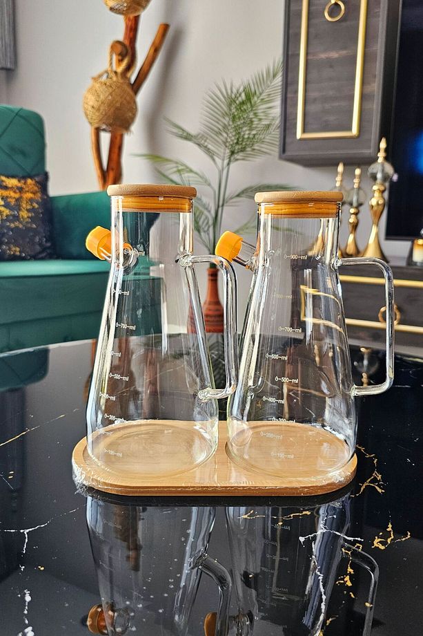 Bambu Kapaklı Kulplu 900 ml 3 lü Borosikat Yağdanlık Seti | Masterchef Yağdanlık Set| Cam Yağdanlık - 1