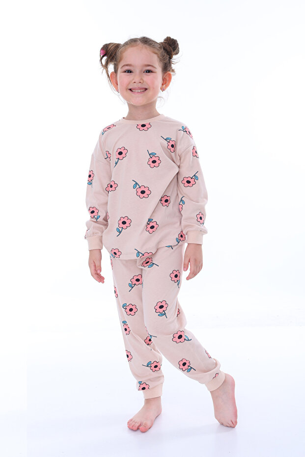 Pink Girl's Pajama Set with Floral Print