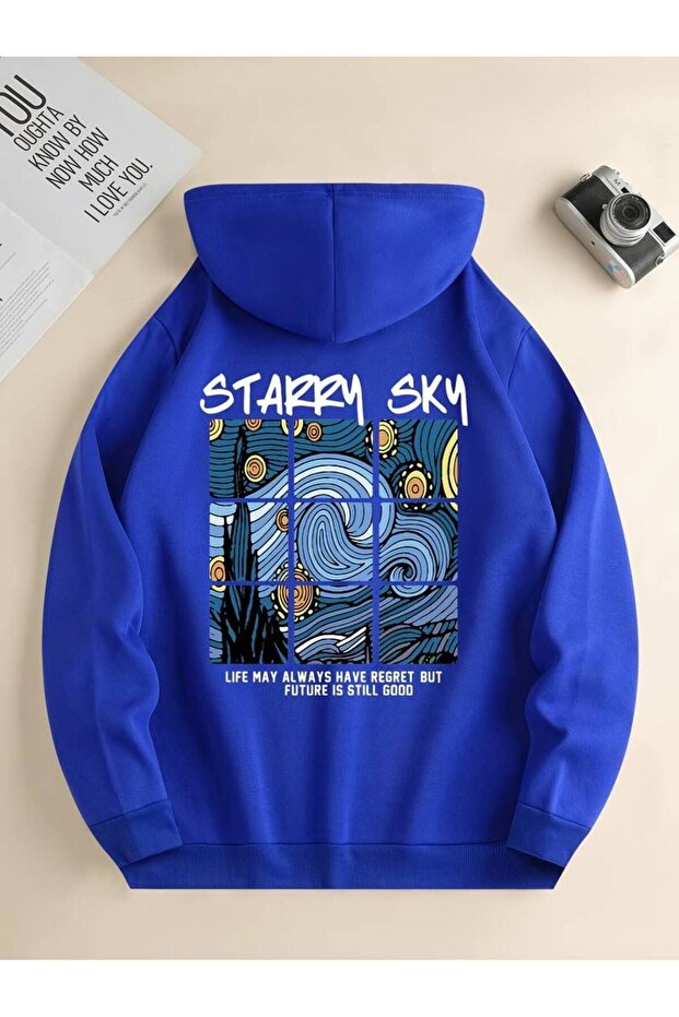 Unisex Starry Sky Printed Oversized Winter 3-Thread 100% Cotton Hooded Sweatshirt Hoodie