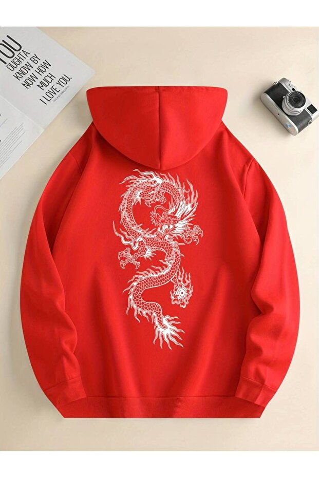 Unisex Dragon Printed Oversized Winter 3-Thread 100% Cotton Hooded Sweatshirt Hoodie