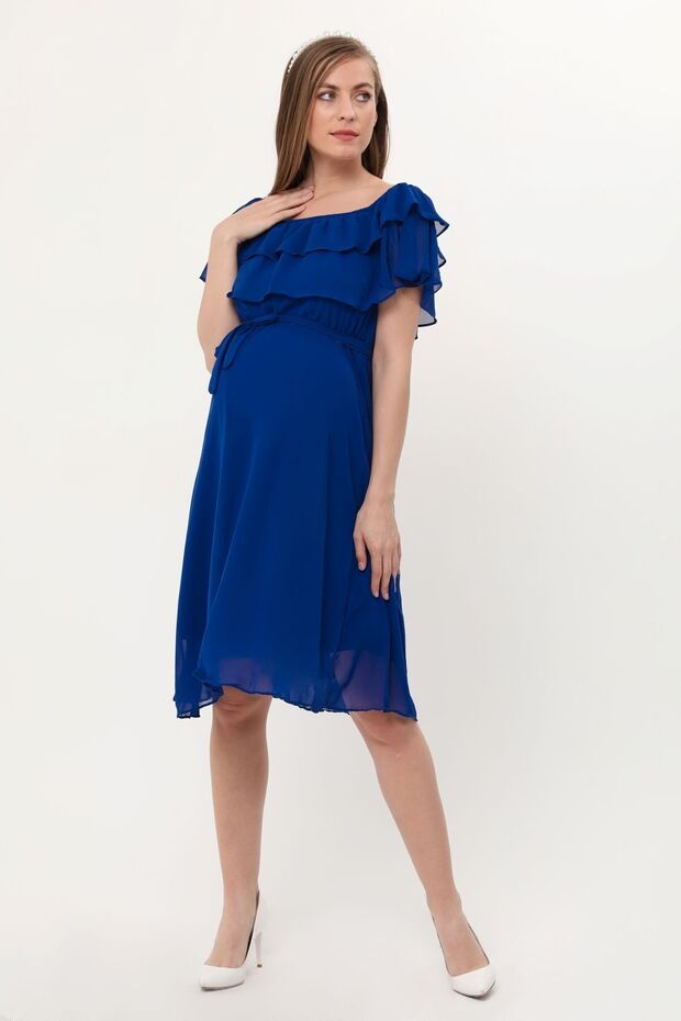 Women's Maternity Ruffle Neckline Chiffon Belted Dress Cobalt Blue 7000