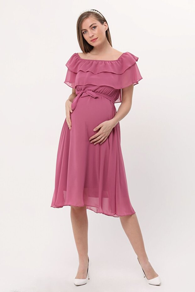 Women's Maternity Ruffle Collar Chiffon Belted Dress Dry Rose 7000
