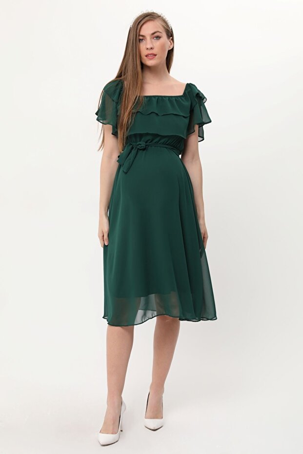Women's Maternity Ruffle Collar Chiffon Belted Dress Emerald Green 7000
