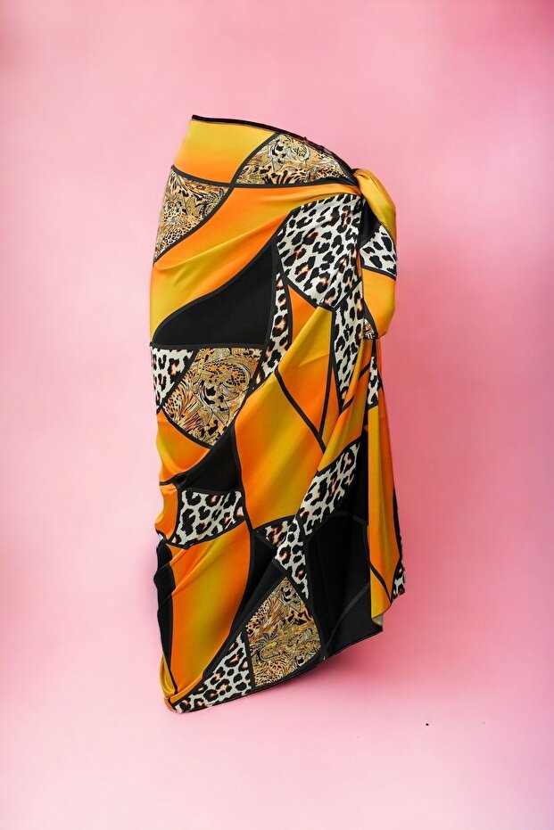 Black Yellow Leopard Print Long Pareo Satin No Sheer Women's Beach Dress New Season