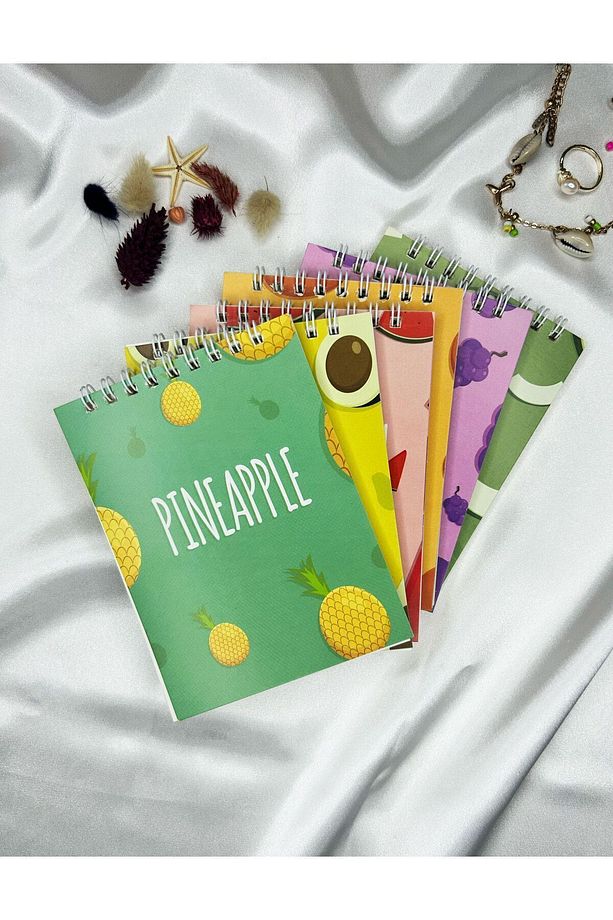 6'lı Defter Seti 10x13,5 cm Çizgisiz Defter 40 Yaprak Üstten Spiralli Cep Defteri Meyveler - 1