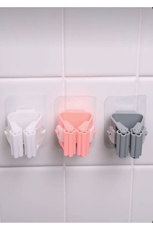 4 Pieces Practical Adhesive Wall Mounted Mop Mop Holder - Mop Vacuum and Cleaning Brush
