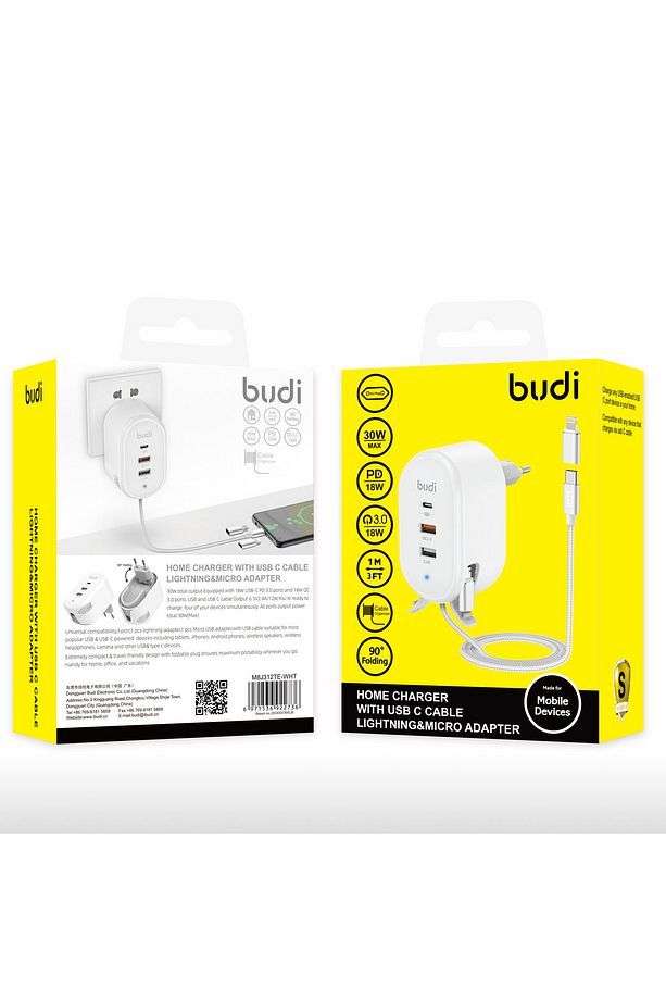 Ev/Ofis için Kullanıma Uygun Lightning/Type-C/Micro Usb Kablolu 2x USB 1x Type-C PD Priz Girişli - 5