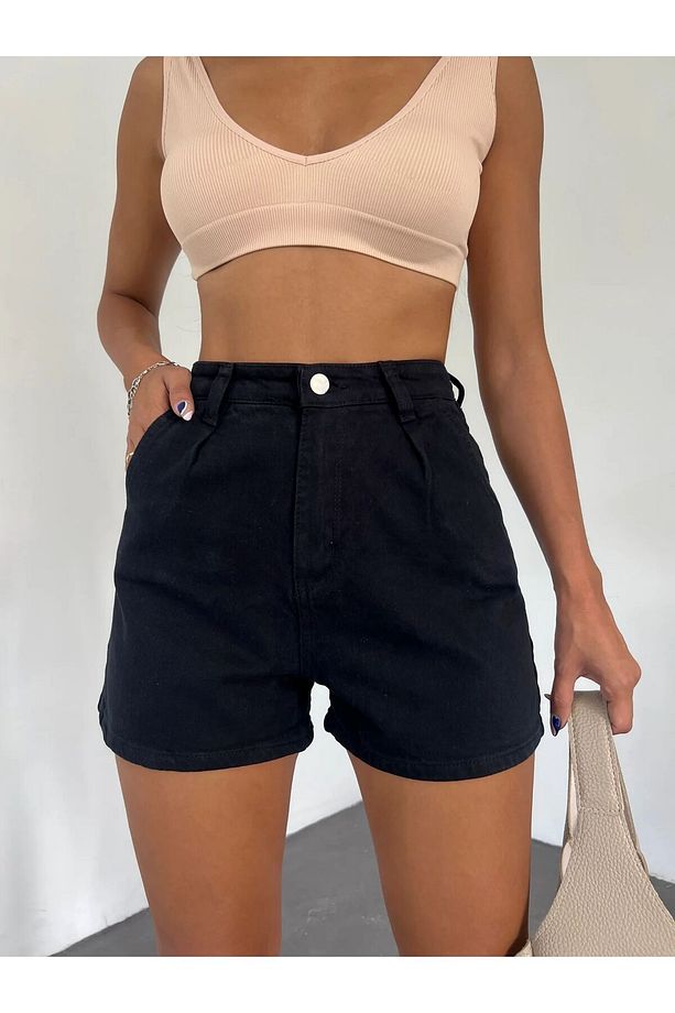 Çift Cepli Pileli Mini Denim Şort - 3