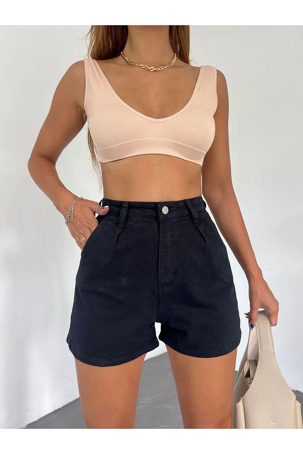 Çift Cepli Pileli Mini Denim Şort - 4
