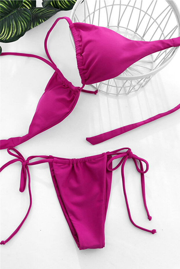 Kadın Fuşya Pembe Yandan ve Boyundan Bağlamalı Tangalı Üçgen Bikini Mayo Takımı - 3