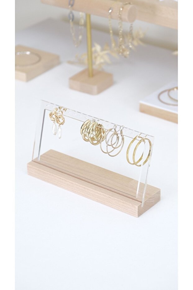 Felicia Plexi Multi-Compartment Earring Stand, Acrylic And Wooden Stand, Plexi Organizer