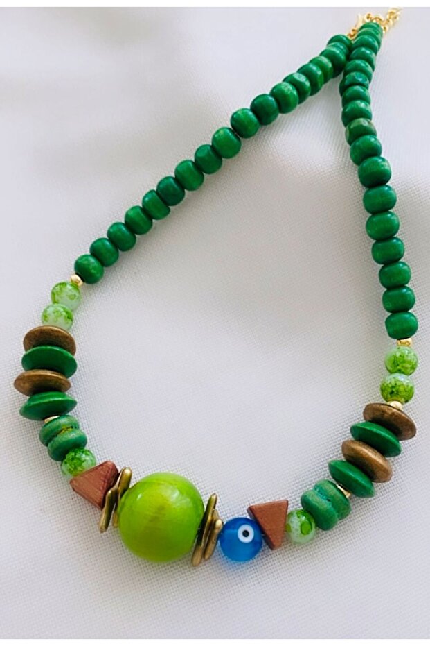 Evil Eye Bead Detailed Design Wooden Bead Necklace