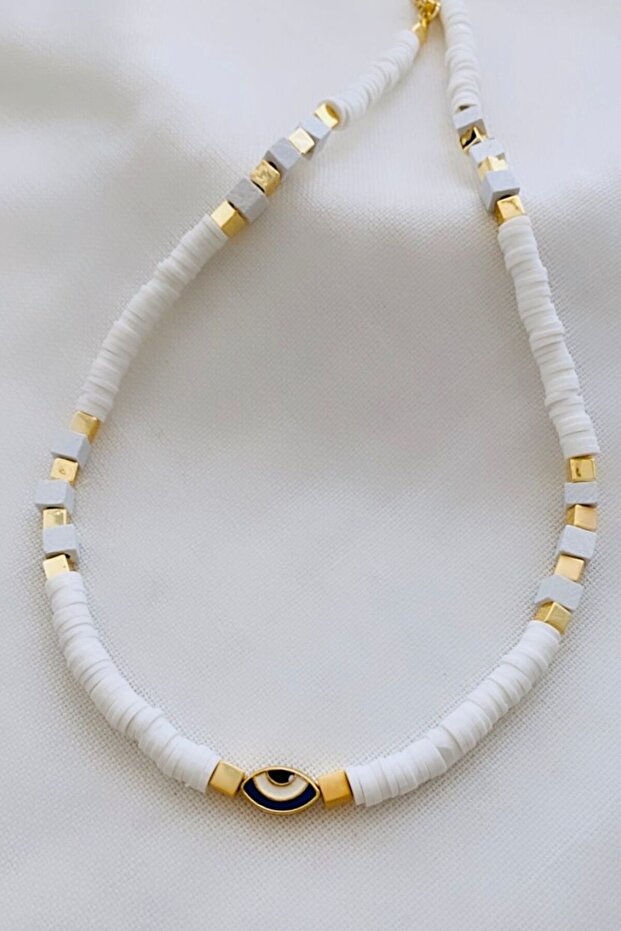 White Fimo Bead Design Necklace with Evil Eye Detail