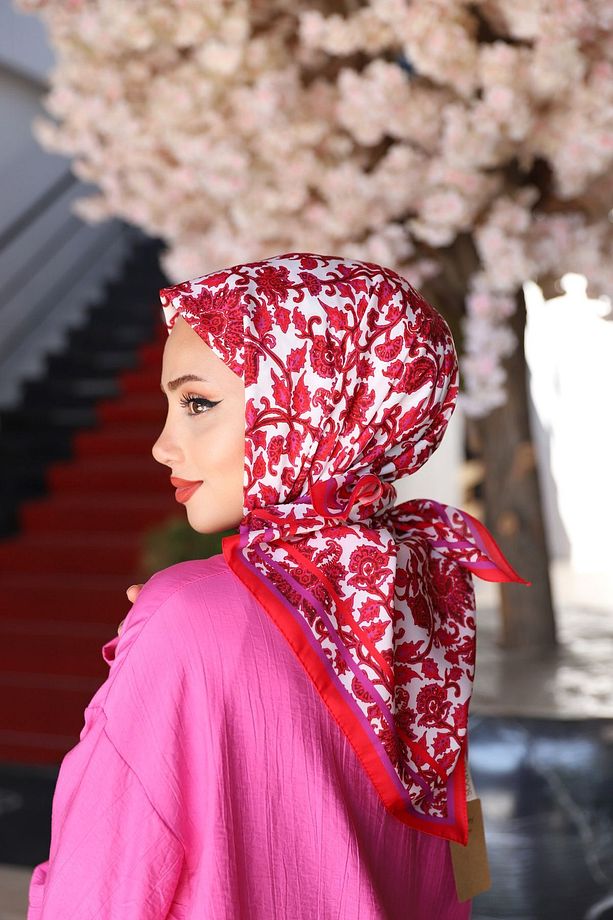 Karmen Desenli Eşarp Nar Çiçeği - 2