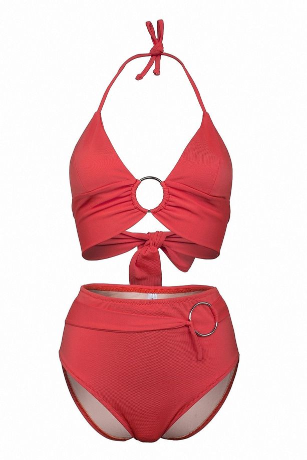 Halka Aksesuar Detaylı Desteksiz Üçgen Kaplı Üst Yüksek Bel Slip Kesim Alt Cool ve Şık Bikini Takımı - 1