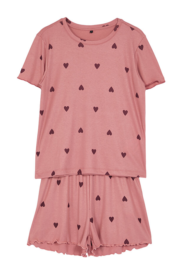 Gül Kurusu Kalpli Slogan Baskılı Lastikli Fitilli Şortlu Örme Pijama Takımı THMSS24PT00220 - 6