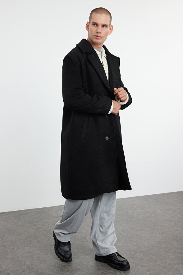 Black Men's Oversize Fit Winter Wool Blend Winter Cashmere Coat Tmnaw25Kb00004