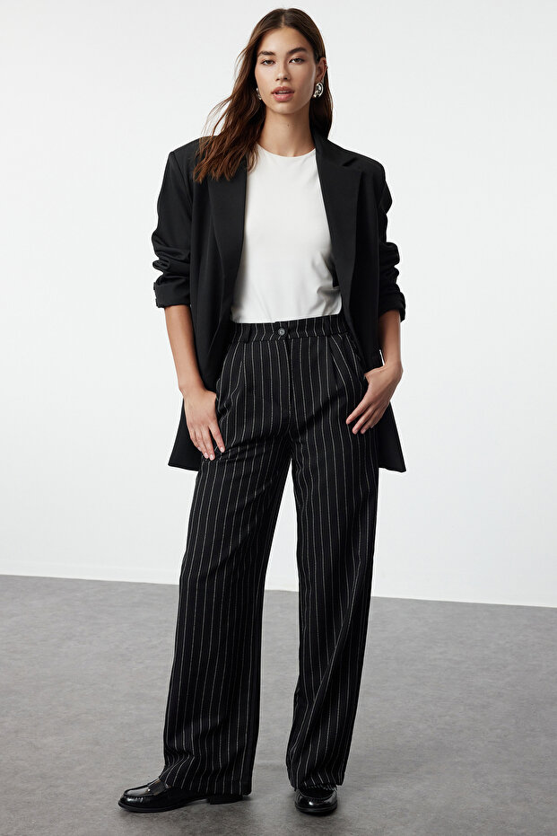 Black High Waist Wide Leg Striped Woven Pants Twoss22Pl0100