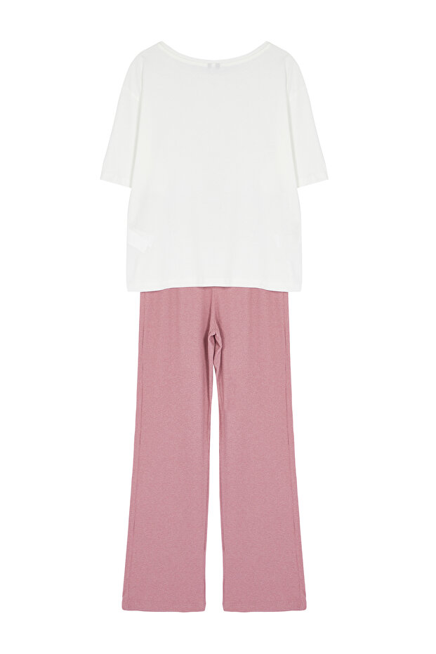 Beyaz-Pembe Kurdele/Fiyonk Baskılı Üst Süprem Alt Kaşkorse Örme Pijama Takımı THMAW25PT00018 - 7