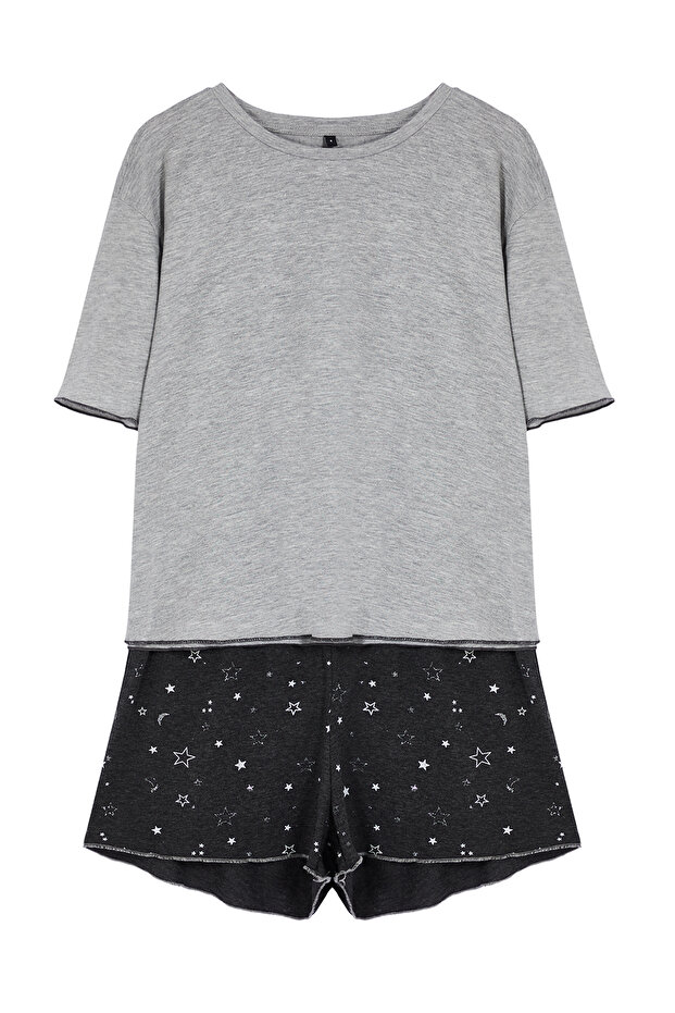 Szary melanż Galaxy Wzorzyste Dziecięce Overlockowe Szorty Dzianinowe Piżamy Zestaw Thmss24Pt00203 - 6