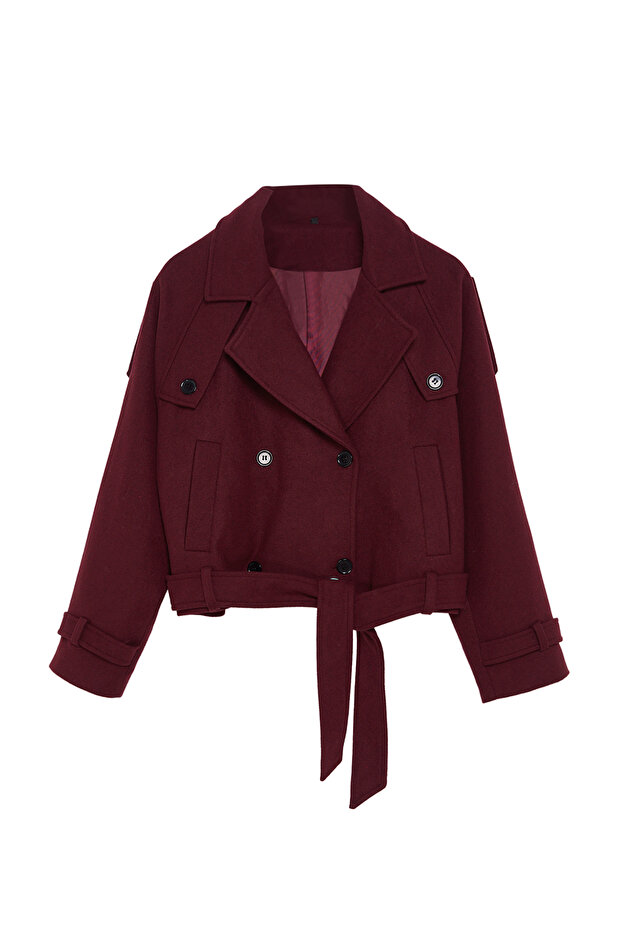 Bordo Yumuşak Dokulu Mevsimlik Kısa Oversize Kaşe Ceket Kaban TWOAW25KB00049 - 6