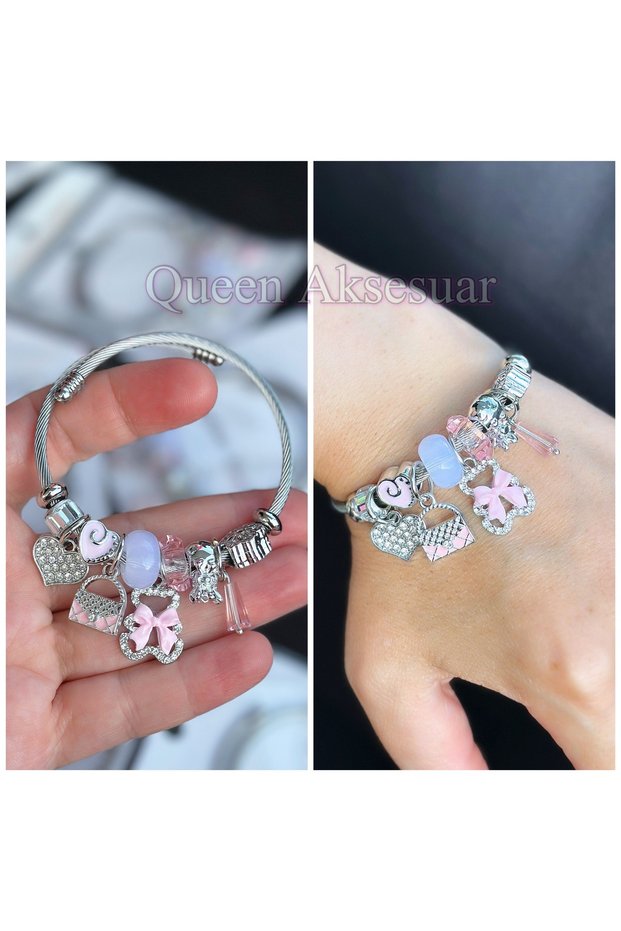Non-Tarnish Steel Model Stone Teddy Bear Heart Bag Flower Charm Fancy Bracelet Pink