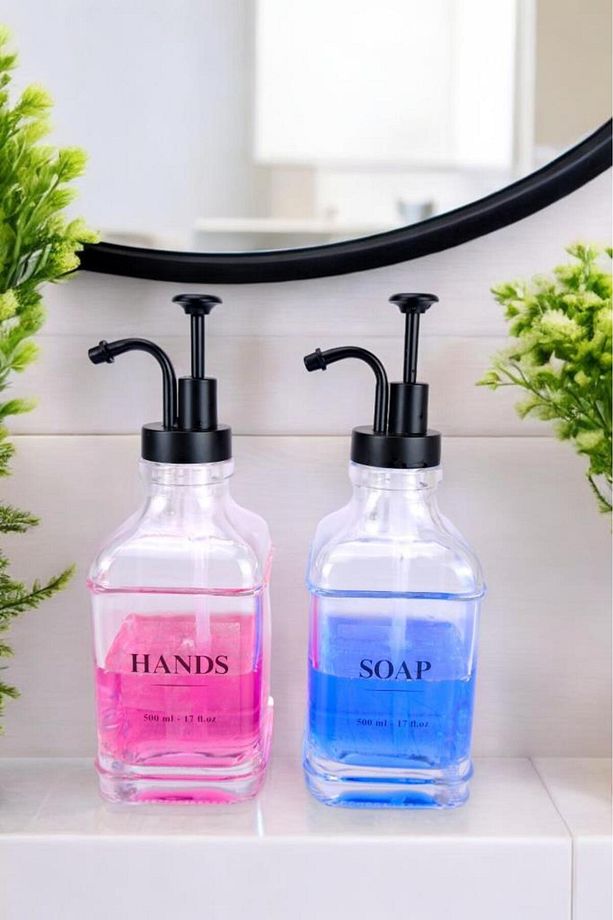 2’li Cam Sıvı Sabun Ve Losyon Etiketli Siyah Tıpalı Deterjan Şişesi Sabunluk 500 ml - F/12 - 4