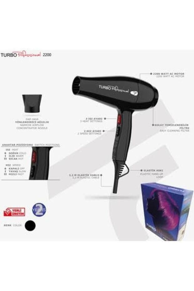 Turbo Profesyonel 2200 Watt Siyah Fön Makinesi Trb-2200 - 1