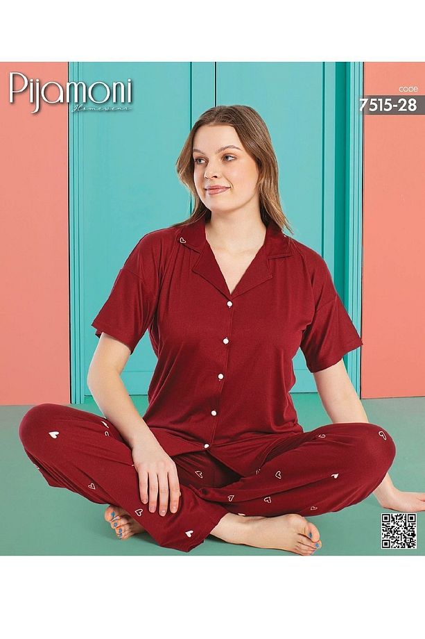 Milan Kumaş Kalp Desenli Gömlek Yaka Kısa Kollu Pijama Takım 7515 - 1