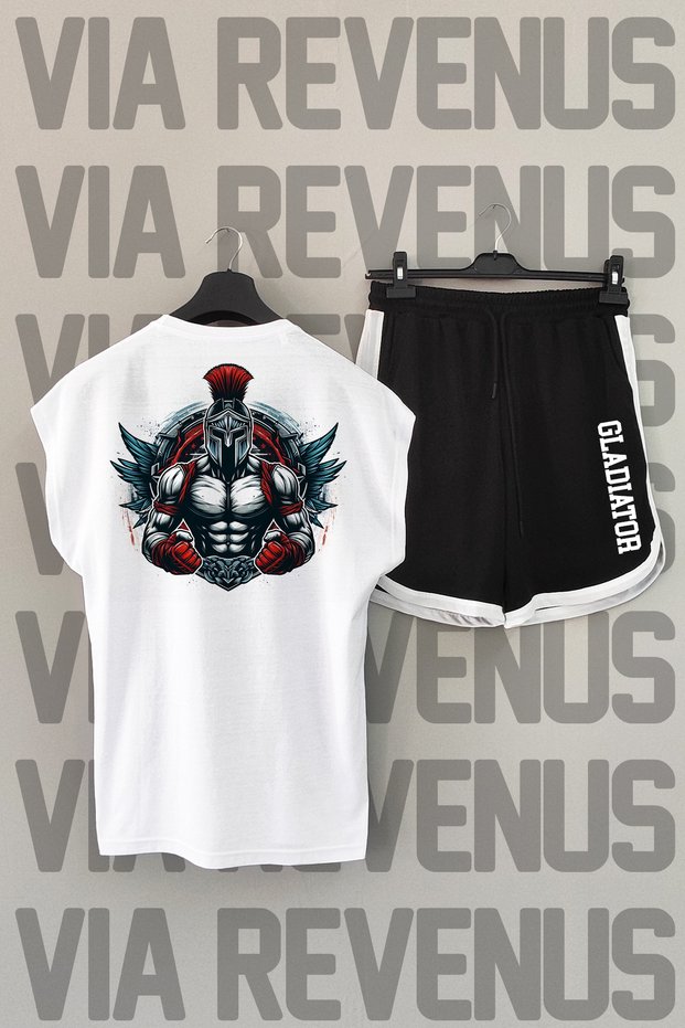 Gladiator White Sports T-Shirt and Black Sports Shorts Set - Back Print, Zero Sleeve