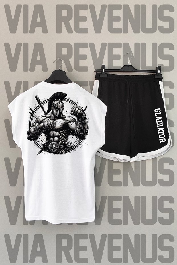 Gladiator Back Printed Sleeveless Crew Neck White Sport T-Shirt and Black Sport Shorts Set