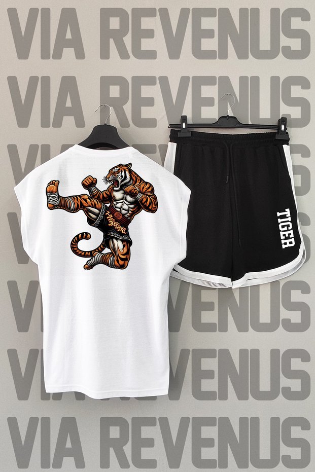 Tiger Muay Thai Back Printed Sleeveless Crew Neck White Sports T-shirt and Black Sports Shorts Set