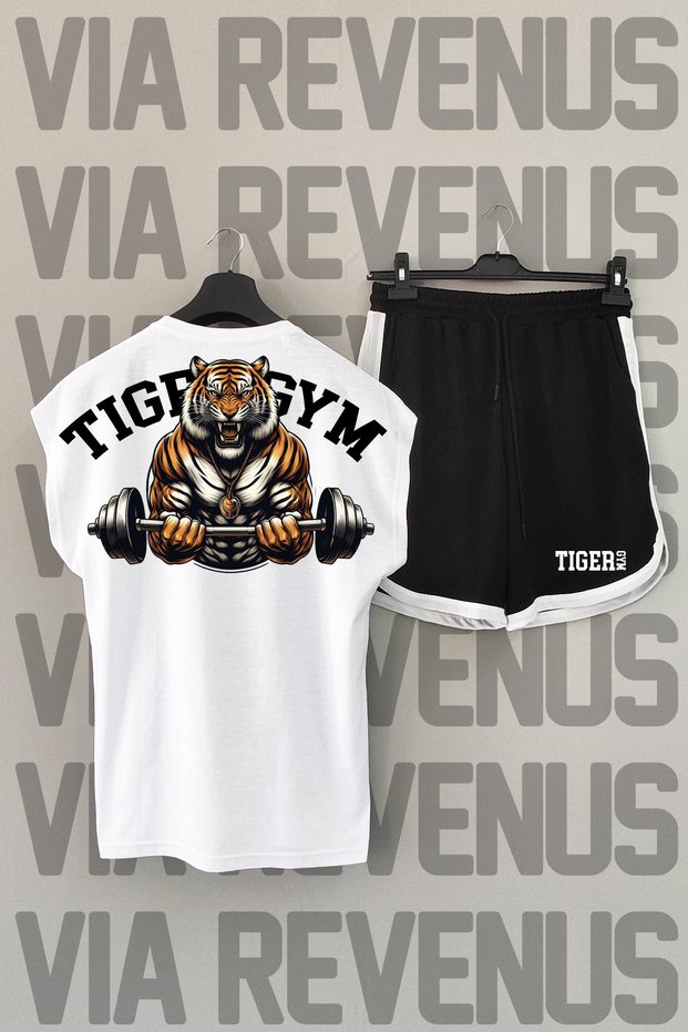 Tiger Gym Back Printed Sleeveless Crew Neck White Sports T-shirt and Black Sports Shorts Set
