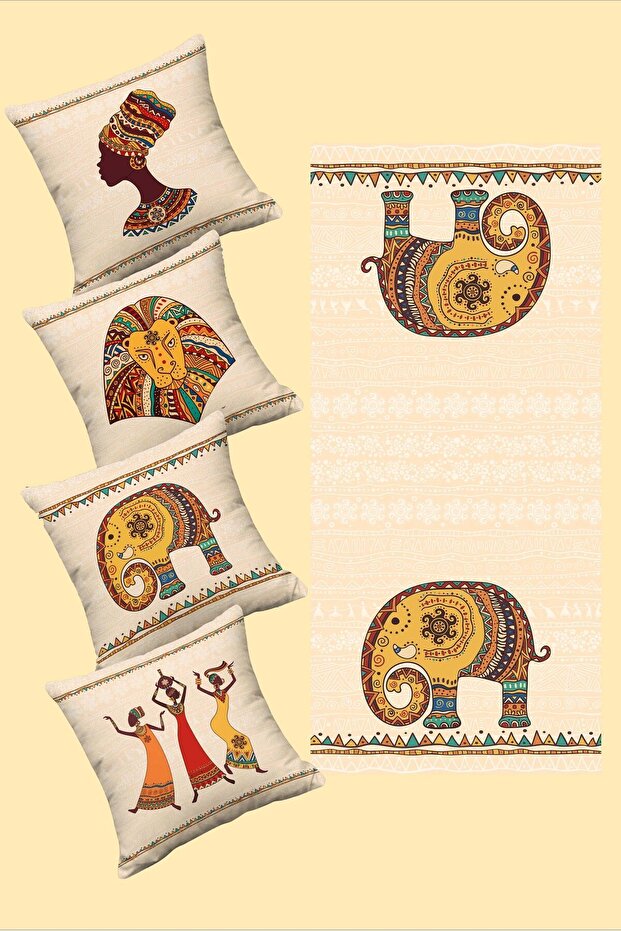 African Themed Elephant Woman and Lion Figured 4-Piece Throw Pillow Cover and Runner Set