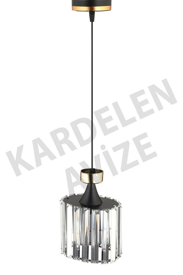 Siyah Tekli Sarkıt Sarı Şeritli Kristal  Taşlı Aşağı Bakan Lüks Avize - 2