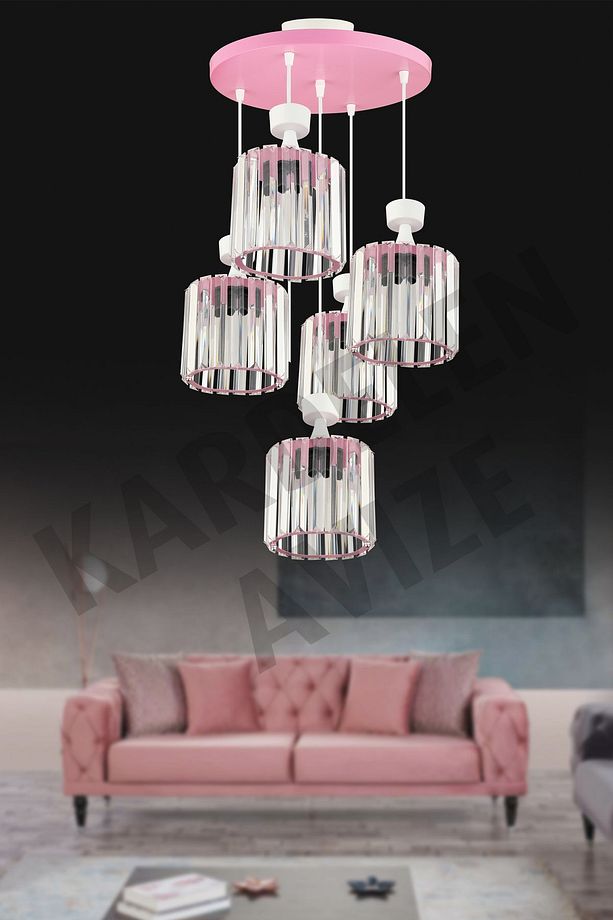 Pembe 5'li Sarkıt Kristal  Taşlı Aşağı Bakan Lüks Avize - 3