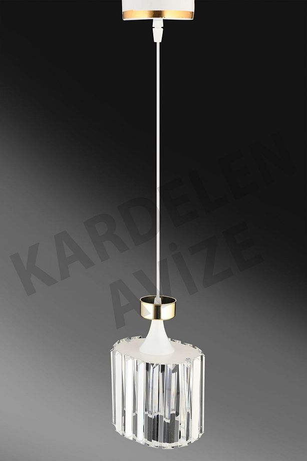 Beyaz Tekli Sarkıt Sarı Şeritli Kristal  Taşlı Aşağı Bakan Lüks Avize - 2