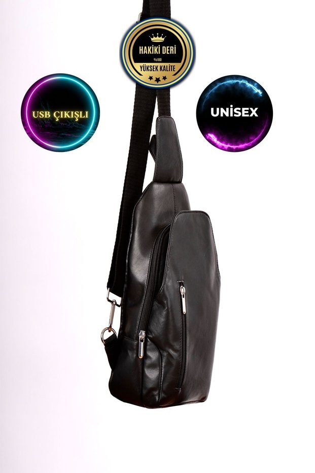 Unisex Black Genuine Leather Crossbody Badybag Shoulder and Chest Bag (with USB Port)