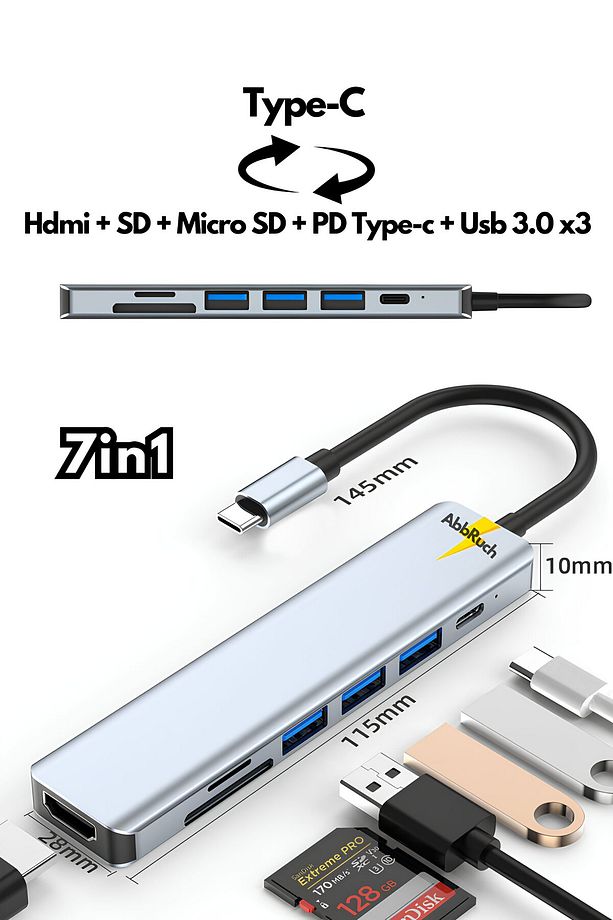 Macbook Pro Air Uyumlu 7in1 Type-c 7 Port Çevirici Hub Hdmi Sd Kart Usb 3.0 PD Type-c Dönüştürücü - 1