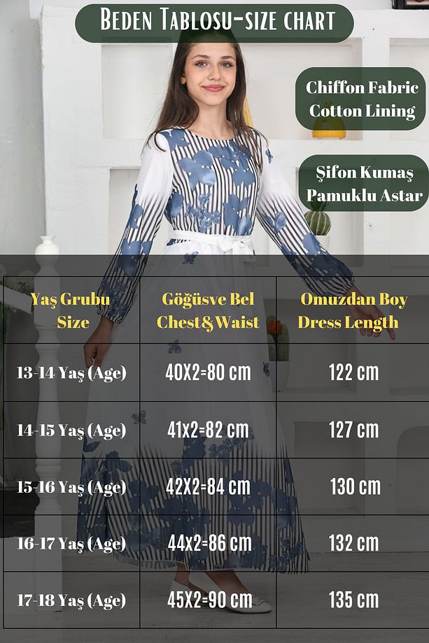 Genç Kız Pamuk Astarlı Şifon Kumaş Uzun Tesettür Elbise - 3