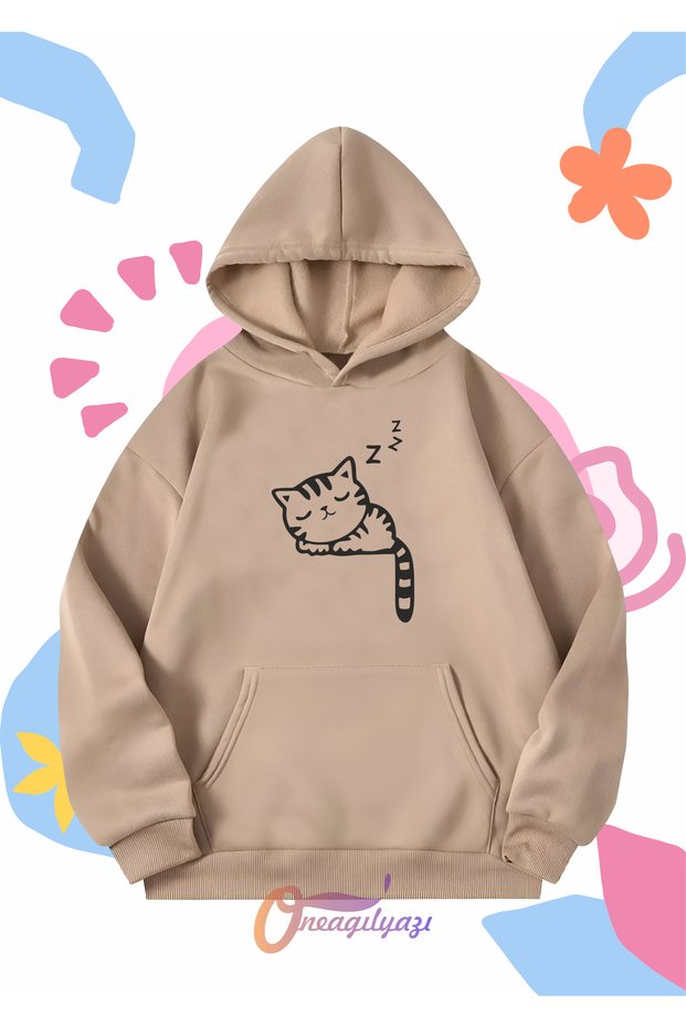 Kids Unisex Sleeping Cat Printed Oversize Hooded Sweatshirt