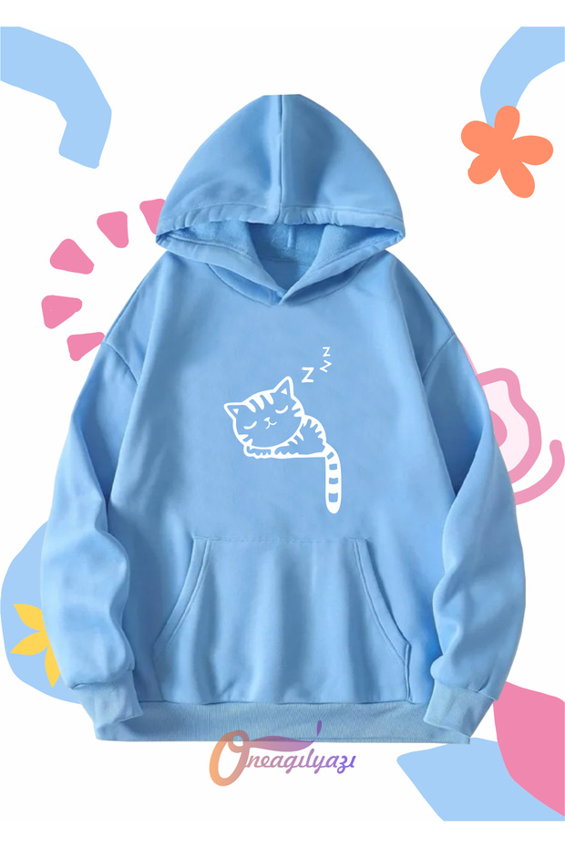 Kids Unisex Sleeping Cat Printed Oversize Hooded Sweatshirt